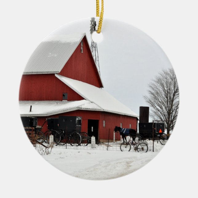 Amish Red Barn Christmas Ornament (Front)