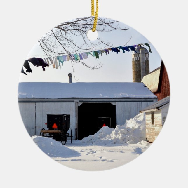 Amish Snowy Barnyard Christmas Ornament (Front)