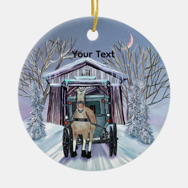 Amish Winter Covered Bridge  Ceramic Tree Decoration (Front)