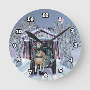 Amish Winter Covered Bridge Round Clock
