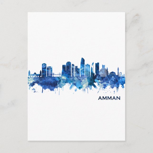 Amman Jordan Skyline Blue Invitation Postcard (Front)