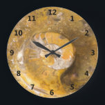 Ammonite and Other Fossils in Rock Photography Large Clock<br><div class="desc">Ammonite and other fossils. This photo is of a detail of a bowl which was hand-carved out of rock containing many fossils. The largest ammonite fossil was carved around especially to accentuate it. The whole piece of fossil-containing rock has been lightly polished.</div>