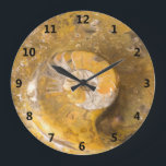 Ammonite and Other Fossils in Rock Photography Large Clock<br><div class="desc">Ammonite and other fossils. This photo is of a detail of a bowl which was hand-carved out of rock containing many fossils. The largest ammonite fossil was carved around especially to accentuate it. The whole piece of fossil-containing rock has been lightly polished.</div>