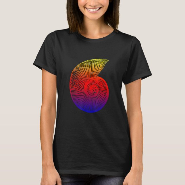 Ammonite Red Blue Yellow Fossil Design T-Shirt (Front)
