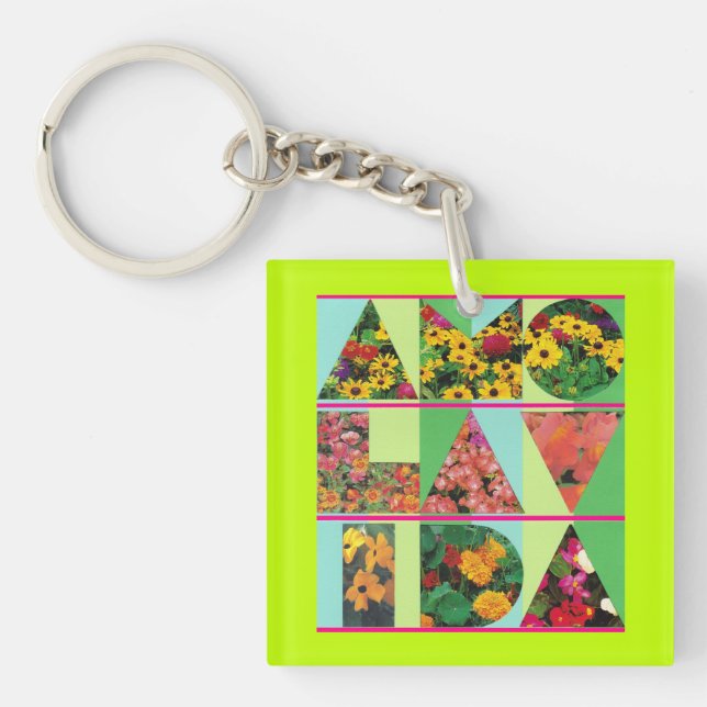 AMO LA VIDA Blue Green Floral Lime Rim Key Ring (Front)