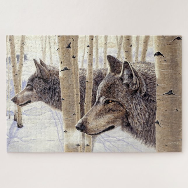 Among the Aspens Two Wolves in Winter Snow Art Jigsaw Puzzle (Horizontal)