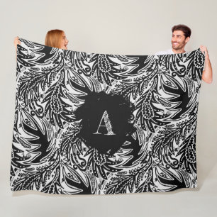 Among the Leaves Monogram Black and White Fleece Blanket