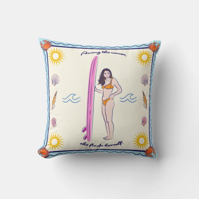 Among the waves, she finds herself. cushion (Front)