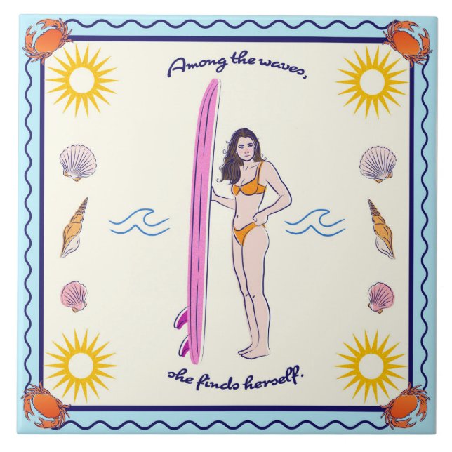 Among the waves, she finds herself. tile (Front)
