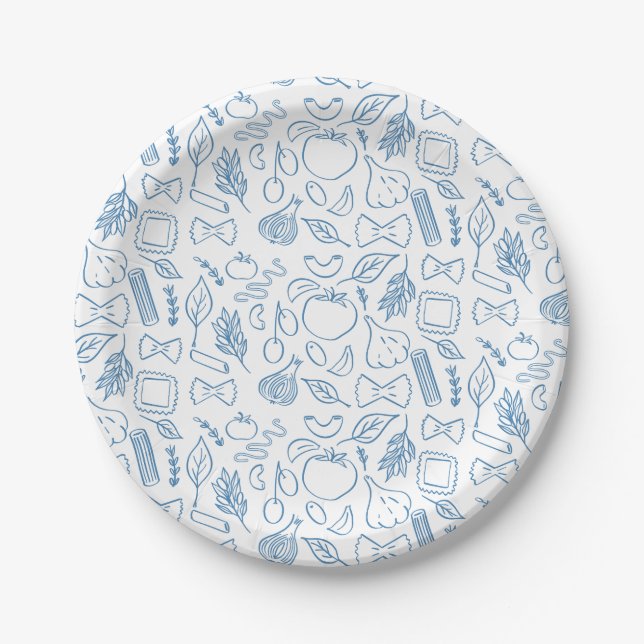 Amore Classic Italian Pasta Shapes Blue & White Paper Plate (Front)