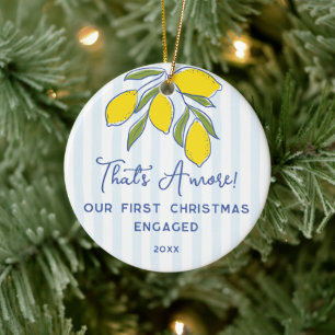 Amore Hand Drawn Lemons Blue Stripes Engagement Ceramic Tree Decoration