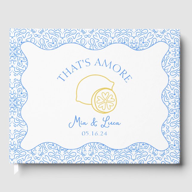 Amore Italy Lemons Blue Tiles Personalised Wedding Guest Book (Front)