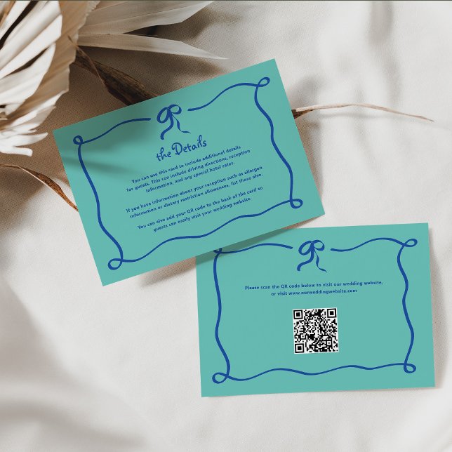 Amour | Blue and Teal Bow Wedding Details QR Code Enclosure Card (Creator Uploaded)