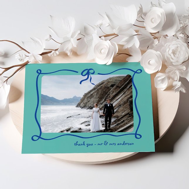 Amour | Blue and Teal French Bow and Photo Wedding Thank You Card (Creator Uploaded)