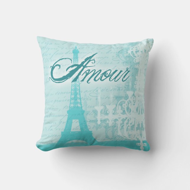 Amour Blue French Eiffel Tower Cushion (Front)