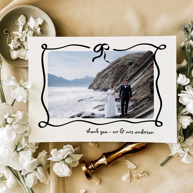 Amour | Illustrated French Bow and Photo Wedding Thank You Card (Creator Uploaded)