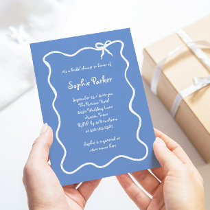 Amour Illustrated French Bow Blue Bridal Shower Invitation