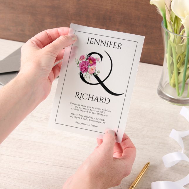 Ampersand and bouquet of pink roses floral wedding vellum invitations (Handheld)