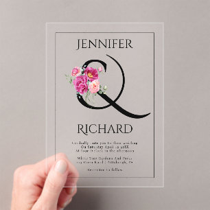 Ampersand and bouquet of pink roses wedding acrylic invitations