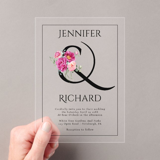 Ampersand and bouquet of pink roses wedding acrylic invitations (Insitu (Handheld))