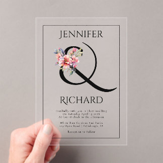 Ampersand and peach-pink rhododendron wedding acrylic invitations