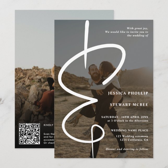 Ampersand chic photo calligraphy Qr code wedding Invitation (Front/Back)