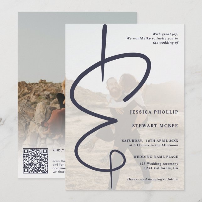 Ampersand chic photo navy blue Qr code wedding Invitation (Front/Back)