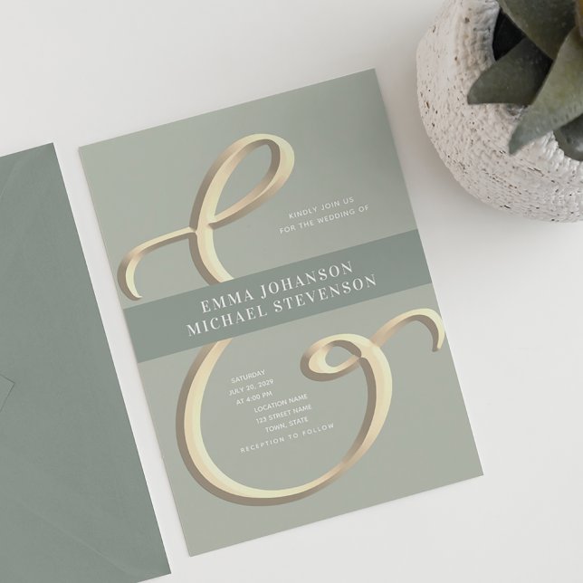 Ampersand Gold Sage Green Wedding Invitation (Creator Uploaded)