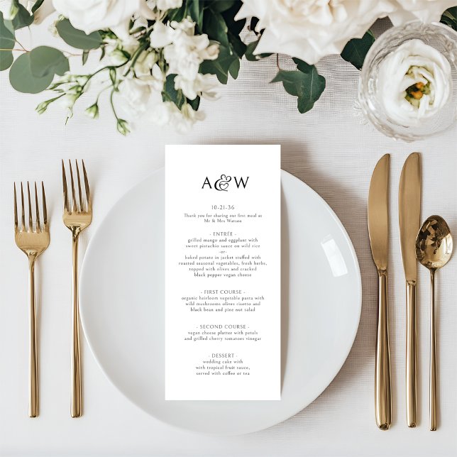 Ampersand Monogram Black and White Wedding Menu (Wedding Menu - Bride & Groom Monogram Initials with Decorative Heart Ampersand.)