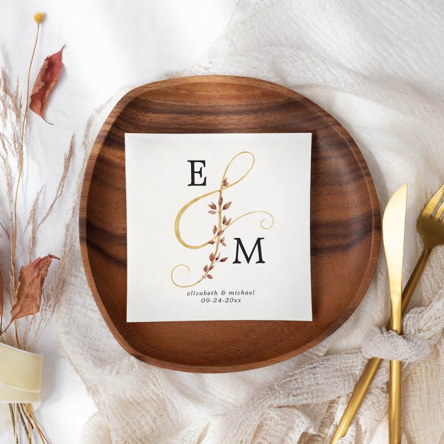Ampersand Monogram Gold Fall Botanical Wedding Napkin (Creator Uploaded)