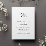 Ampersand Monogram Save the Date Card<br><div class="desc">Simple and elegant save the date cards notify your guests of your upcoming wedding in timeless style. Crisp white cards feature your initials worked into a monogram design, joined by a calligraphy script ampersand. "Save the date" appears beneath, with your names, wedding date and location beneath in classic black serif...</div>