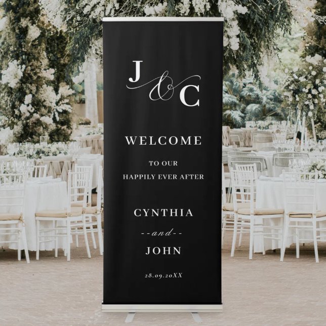 Ampersand Monogram Wedding Welcome Retractable Banner (Ampersand monogram retractable banner adds elegant impact while welcoming guests to your wedding.)