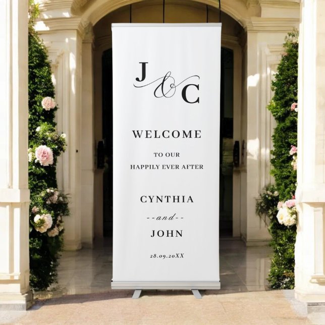Ampersand Monogram Wedding Welcome Retractable Banner (Ampersand monogram retractable banner creates a stylish welcome while showcasing your wedding names.)