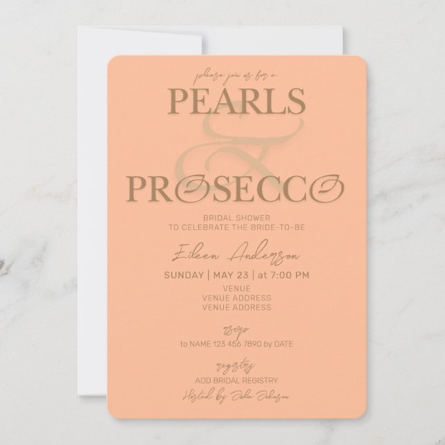 Ampersand Peach Fuzz Pearls Prosecco Bridal Shower Invitation (Front)