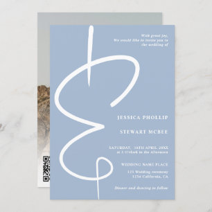 Ampersand photo ice blue script Qr code wedding Invitation