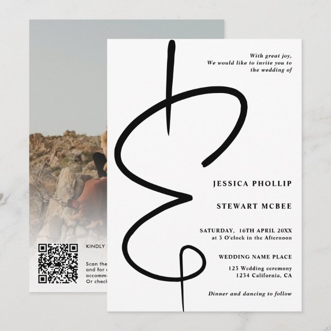 Ampersand photo modern calligraphy Qr code wedding Invitation (Front/Back)