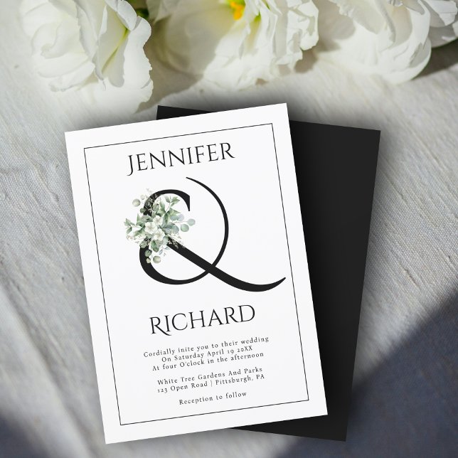 Ampersand, white flowers and eucalyptus wedding invitation (Creator Uploaded)