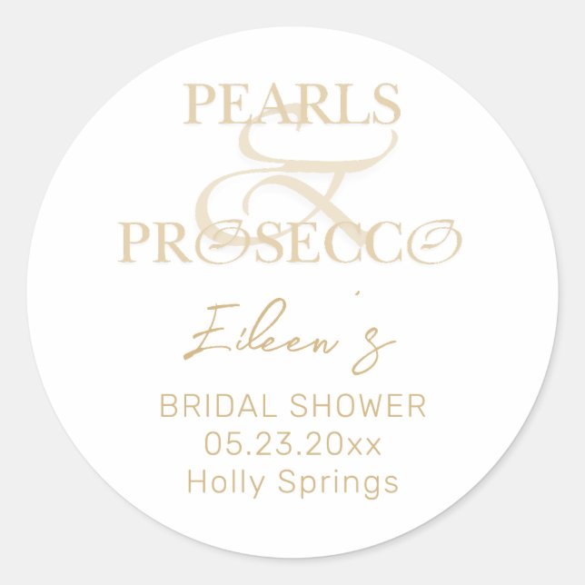 Ampersand White Pearls & Prosecco Bridal Shower Classic Round Sticker (Front)