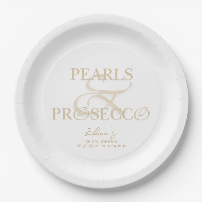 Ampersand White Pearls & Prosecco Bridal Shower Paper Plate (Front)