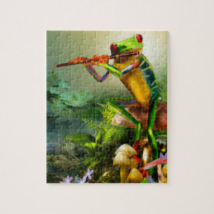Amphibian, frog, playing the flute, puzzle