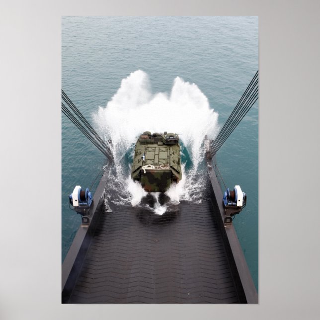 Amphibious assault vehicles disembark from USNS Poster (Front)