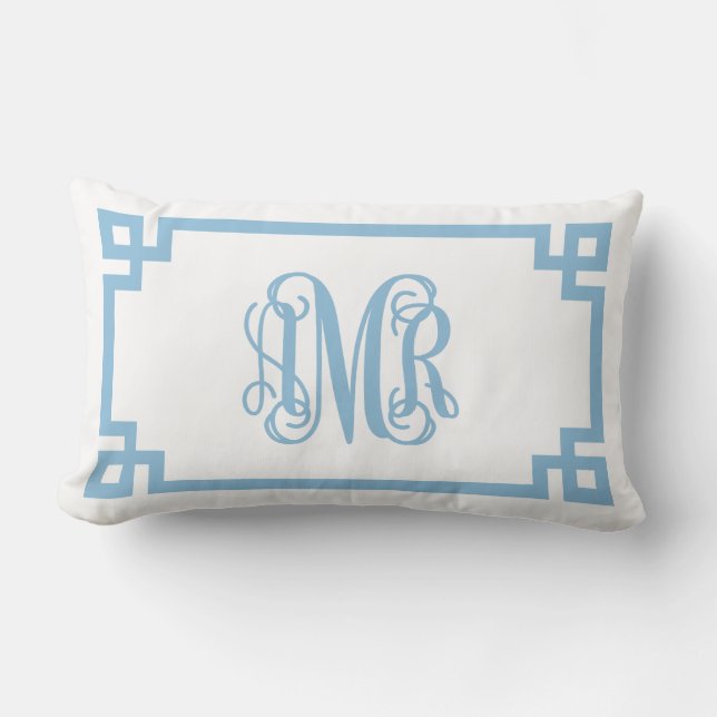 AMR Sky Blue Greek Key Script Monogram Lumbar Cushion (Front)