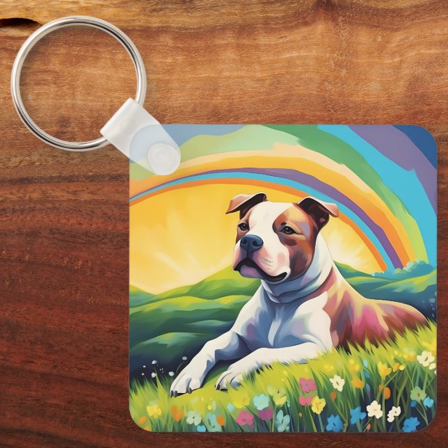 Amstaff American Staffordshire Terrier Rainbow Dog Key Ring (Front)