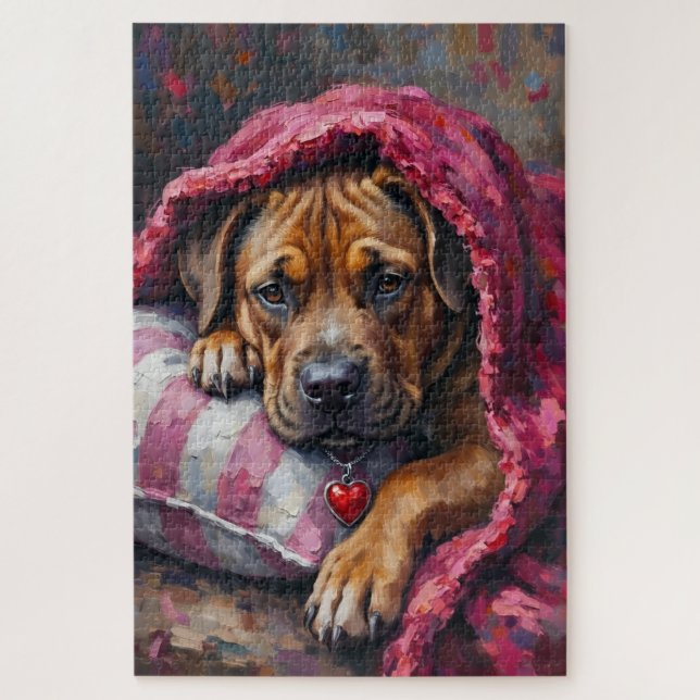 AmStaff Dog Cozy Valentine's Day Snuggle Jigsaw Puzzle (Vertical)