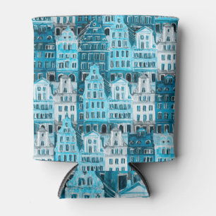 Amsterdam architecture, blue watercolor texture. can cooler