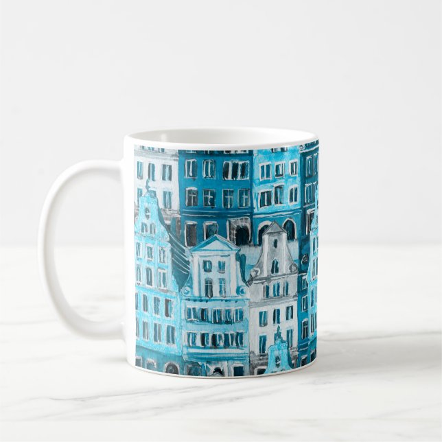 Amsterdam architecture, blue watercolor texture. coffee mug (Left)