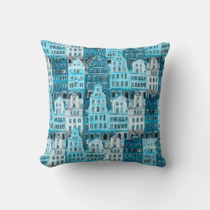 Amsterdam architecture, blue watercolor texture. cushion
