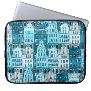 Amsterdam architecture, blue watercolor texture. laptop sleeve