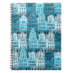 Amsterdam architecture, blue watercolor texture. notebook