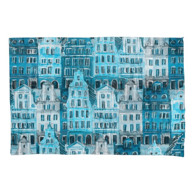 Amsterdam architecture, blue watercolor texture. pillowcase (Front)